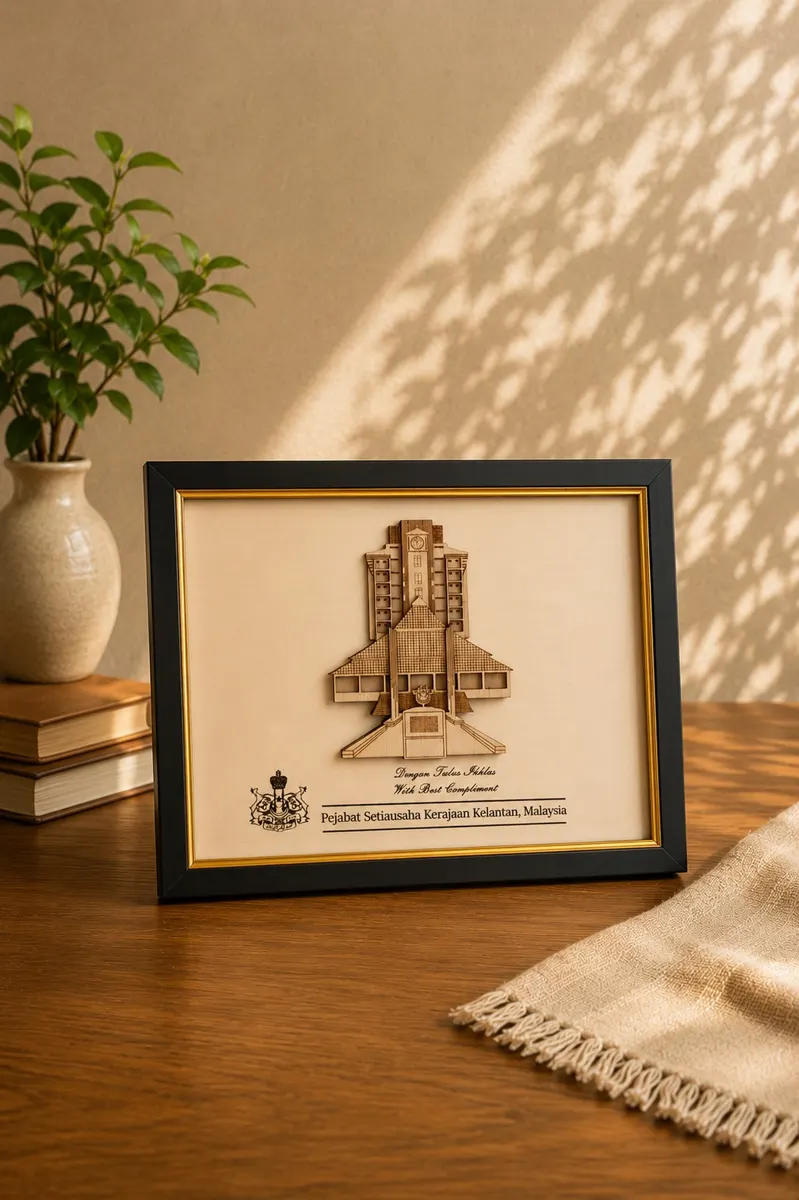 Framed layered wood relief of a government building
