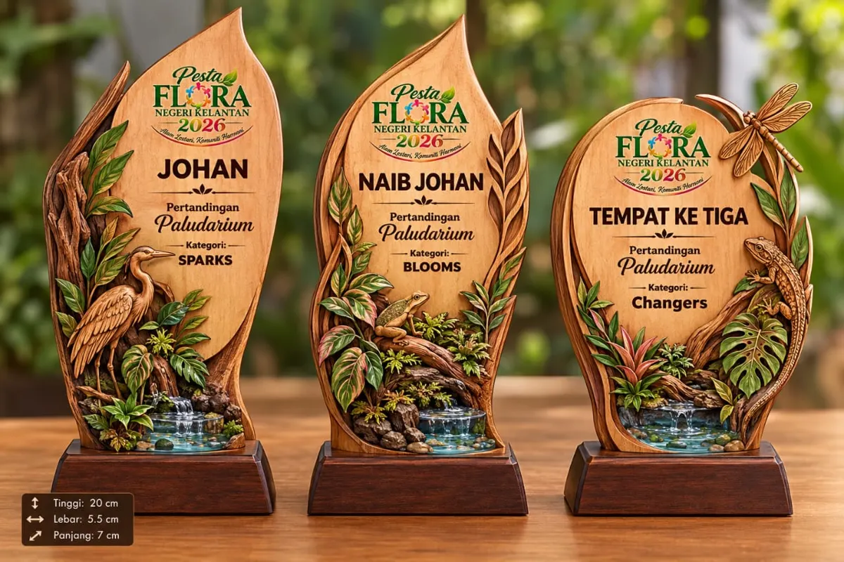 Three carved wooden trophies with nature scenes
