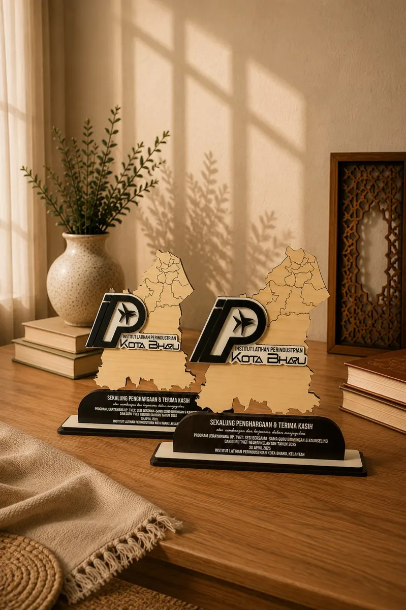 Wooden trophies cut in the shape of Kelantan with logo