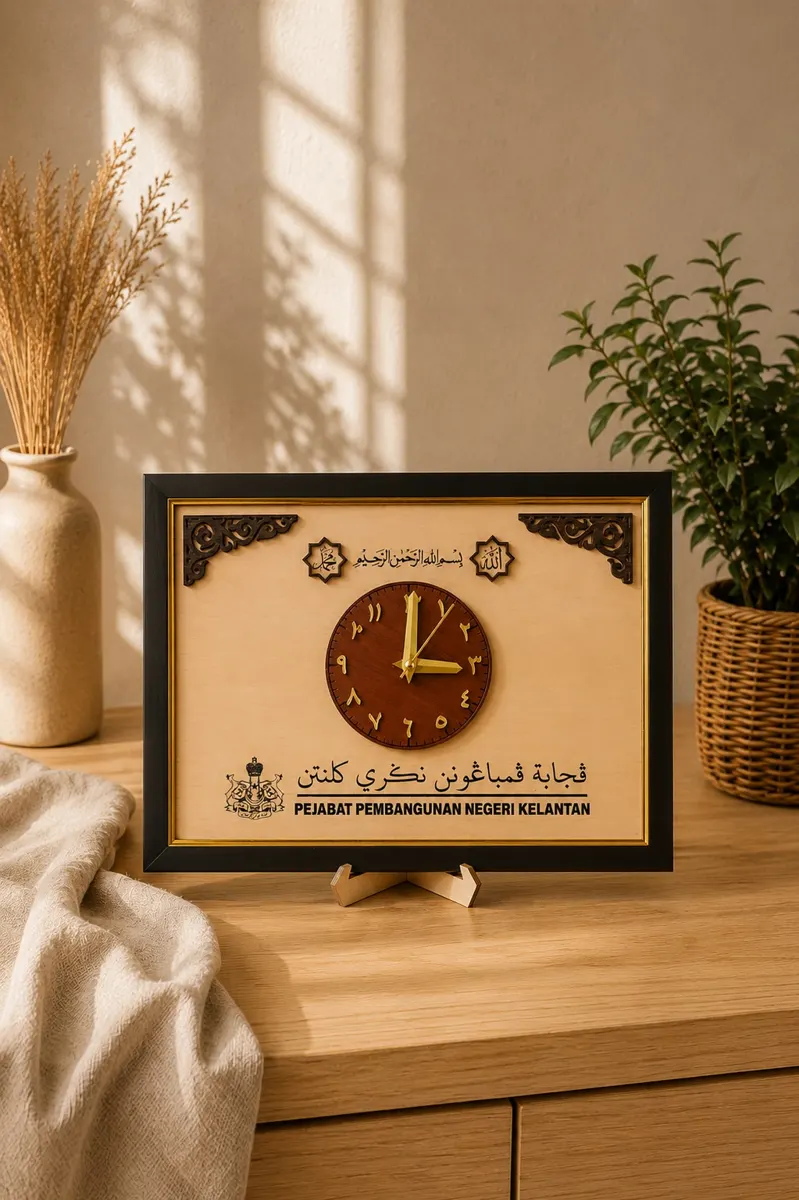Framed wooden clock with Jawi numerals