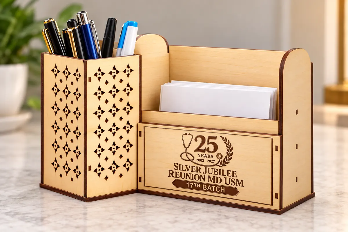 Wooden letter and pen organiser engraved for a reunion