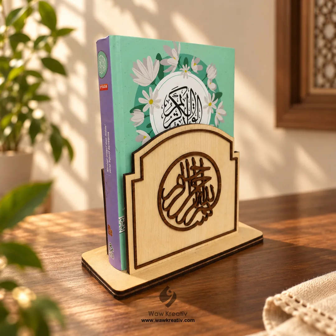 Pemegang Al-Quran meja kayu dengan panel khat