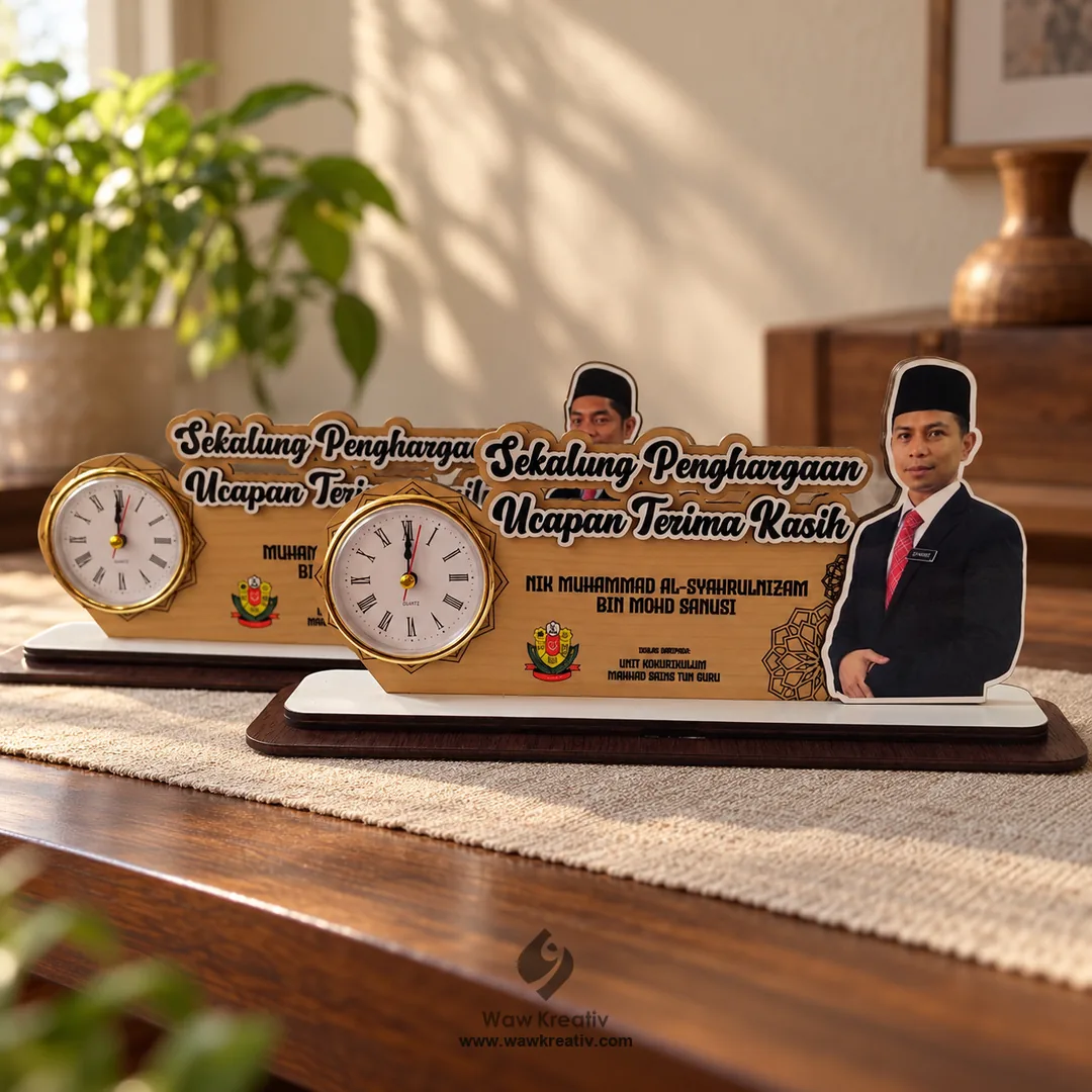Plak meja persaraan dengan dua jam dan potongan foto