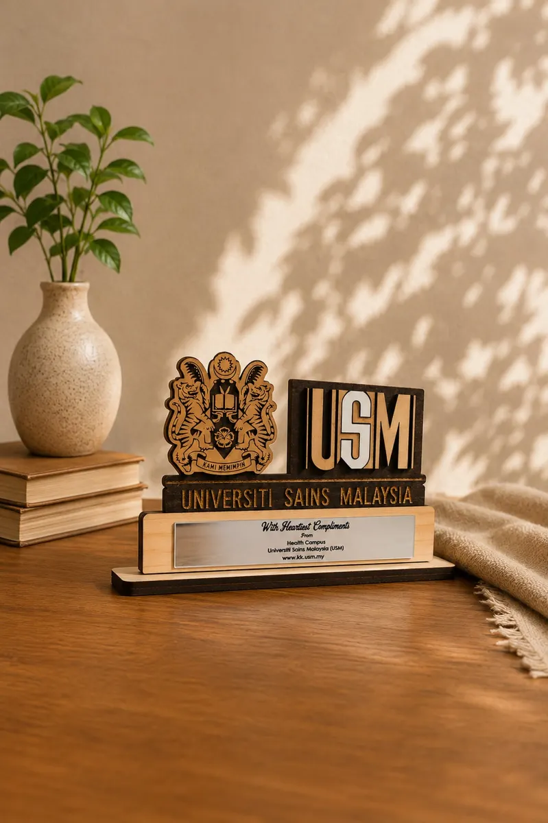 Layered wooden crest souvenir with name plate